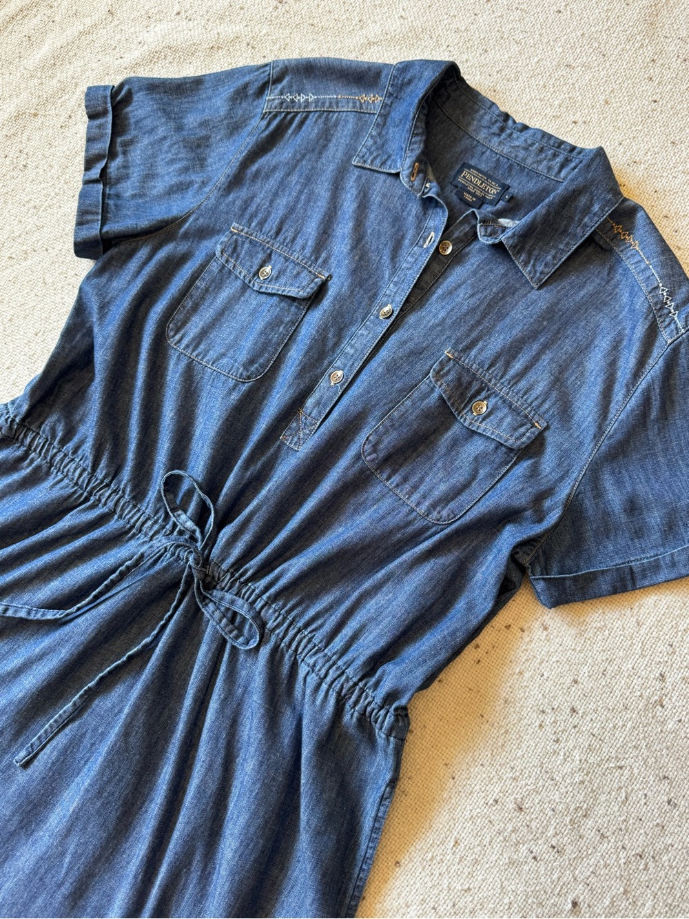 Pendleton Women’s Large Chambray Denim Shirt Dress Drawstring Waist Blue